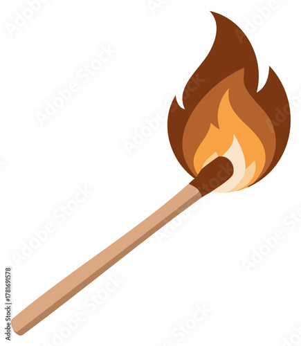 Burning match stick with fire in brown, orange, and tan color illustration.