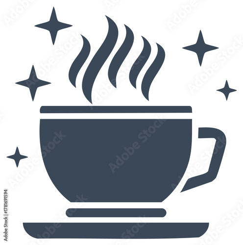 Steaming Beverage in Dark Blue Cup and Saucer with Sparkling Stars Symbolizing Aromatic Warmth