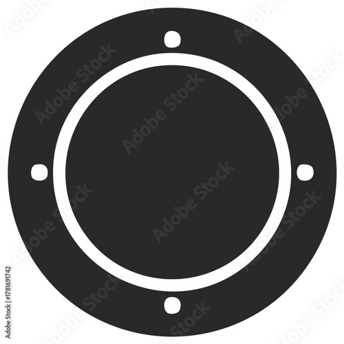 Minimalist dark circle with white outline and four dots symbolizing a porthole or geometric shape