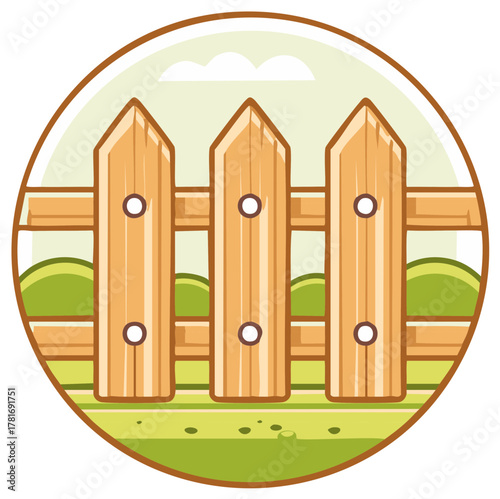 Charming wooden picket fence in a rural landscape with green hills and clouds within a circle
