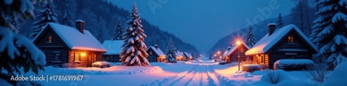 Snowy village scene at night with twinkling lights , christmassy, silhouette