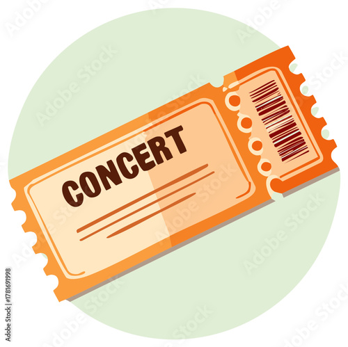 Orange Concert Ticket Icon on Light Green Circle, Performance Admission, Fun Cartoon