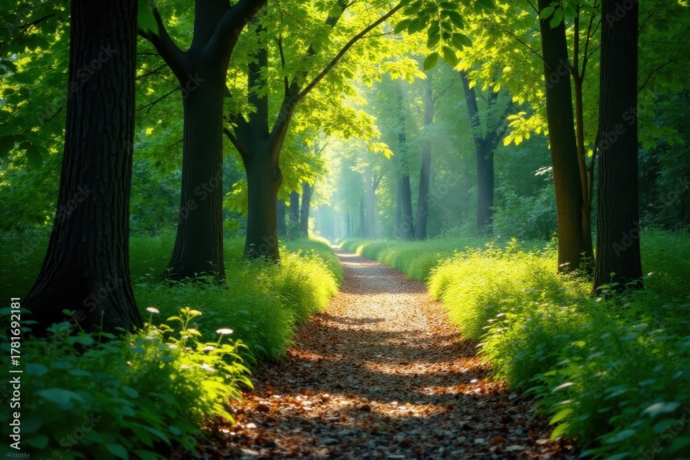 Obraz premium Sun-drenched forest path, dappled light on leaves, leaves, picture