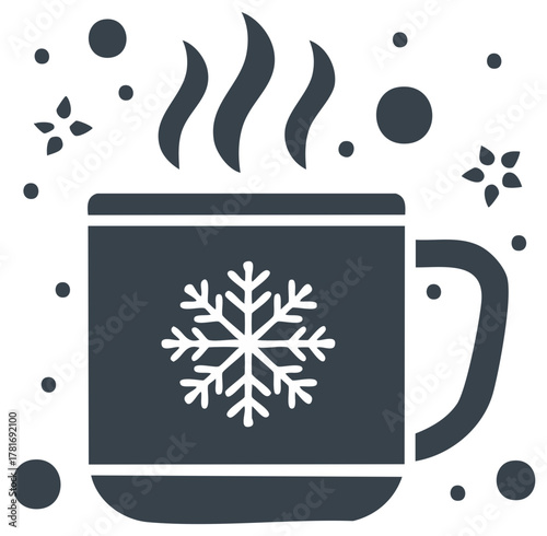 Cozy winter mug with snowflake design and steaming beverage in a snow falling environment