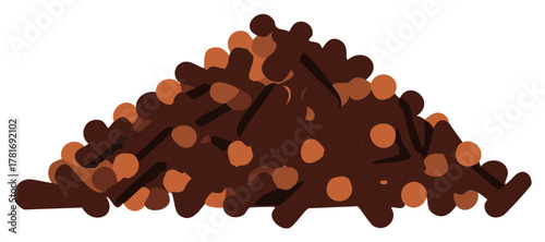 Pile of aromatic brown clove spice, used for culinary and flavoring, displayed on a white backdrop