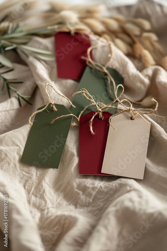 Scandinavian-Style Christmas Gift Tags on Beige Linen with Gold Strings, Cozy Warm Mockup