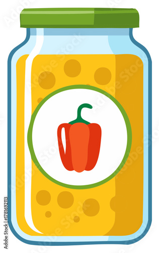 Glass jar filled with yellow liquid and red bell pepper icon inside