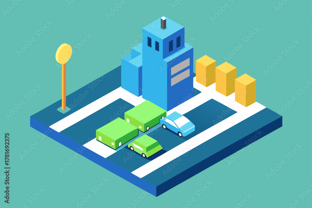 Obraz premium Flat Design Isometric City with EV Station