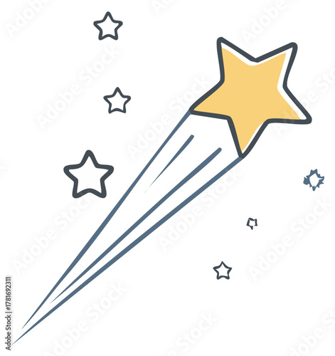 Cartoon shooting star illustration with trail and smaller stars around, cosmic concept