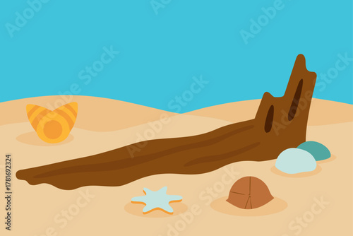 Driftwood and Seashells on Sand