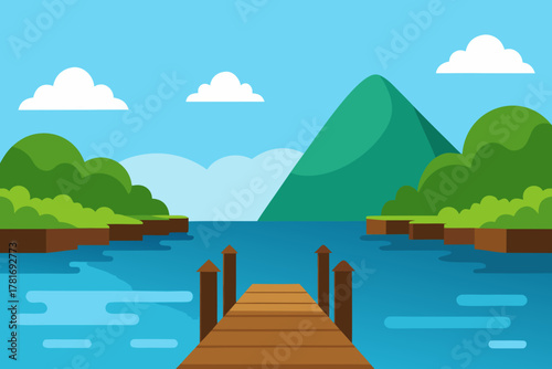Riverside Wooden Dock Scene Illustration