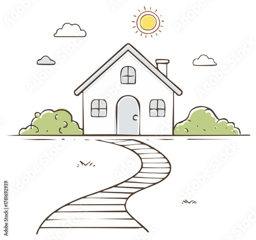 Charming hand drawn house with a winding path under a bright sunny sky and fluffy clouds