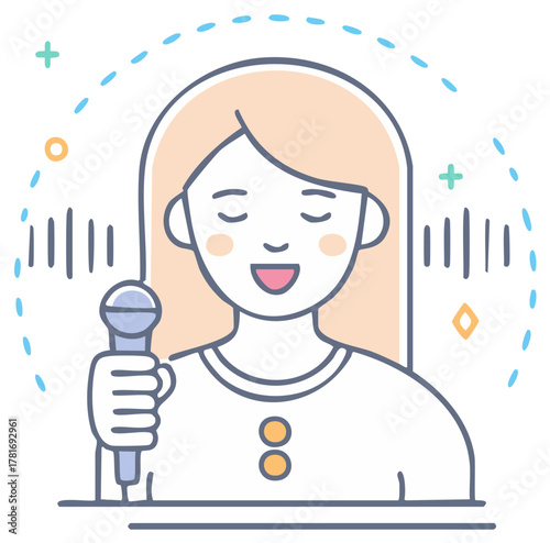 Illustration of a woman singing into a microphone, with sound waves and dotted line details.
