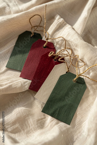 Scandinavian-Style Christmas Gift Tags on Beige Linen with Gold Strings, Cozy Warm Mockup