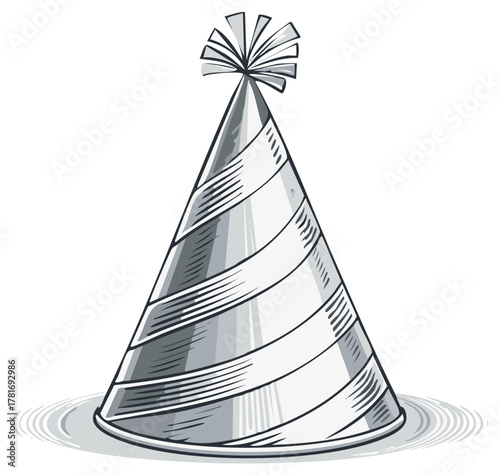 Hand Drawn Stripped Party Hat with Pom Pom Accent and Shadow Detail