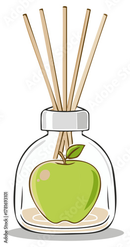 Decorative Air Freshener with Apple Shape Inside a Transparent Glass Bottle and Scent Diffuser Sticks