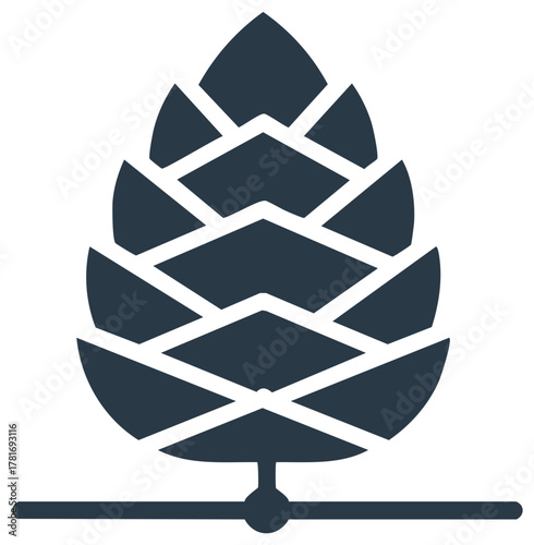 Simple stylized pinecone or hop cone icon with base line. Abstract nature plant graphic.