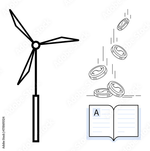 Wind turbine, coins falling into a book symbolizing clean energy funding education, sustainability, innovation. Ideal for green economy, eco-education, social responsibility, renewable resources