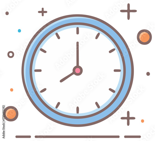 Round clock face with blue border and time hands showing nearly one oclock with decorative dots and crosses