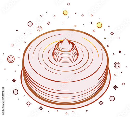 Stylized illustration of a spinning top toy with abstract swirling patterns and starbursts