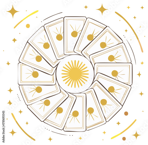 Esoteric circle of tarot cards with sun and stars in gold and white