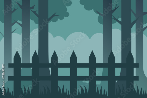 Wooden Fence in a Misty Foggy Forest