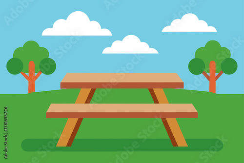 Wooden Picnic Table in a Sunny Park