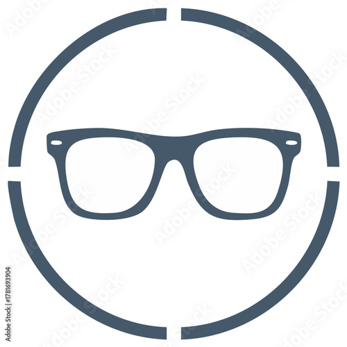Stylish thick frame eyeglasses icon within a segmented circular graphic