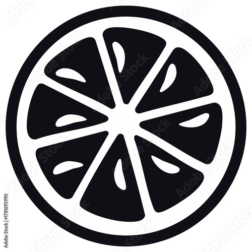 Minimalist black and white vector icon of a fresh citrus fruit slice with internal segments, simple graphic design