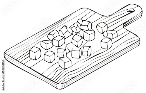 Wooden cutting board with diced food ingredients black and white line art illustration