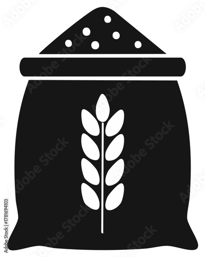 Black and white illustration of a burlap sack filled with grain, featuring a wheat stalk symbol.