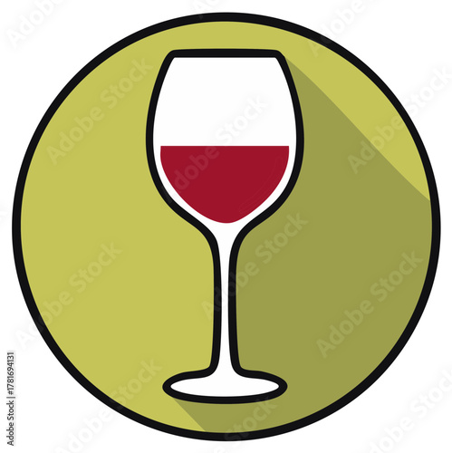 Graphic of a wine glass filled with red liquid inside a circle with a shadow effect