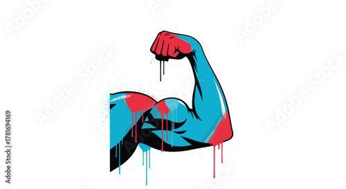A strong, flexed bicep arm illustrated in a vibrant graffiti street art style with blue and red paint drips, symbolizing power and determination.