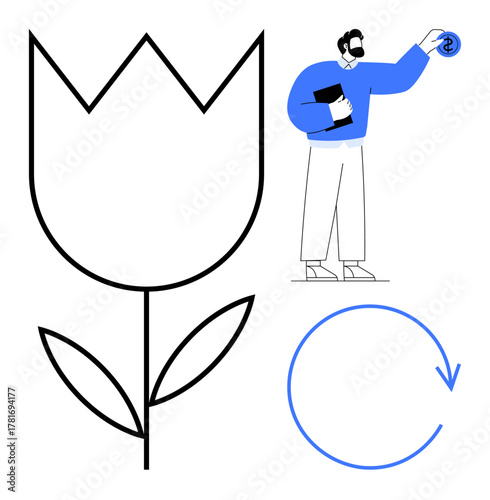 Tulip outline, man holding dollar coin, circular arrow representing renewal and eco-consciousness. Ideal for growth, sustainability, economy, eco-friendly practices, recycling, finance minimalism