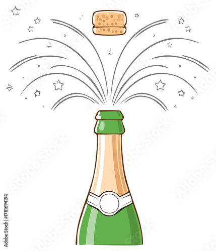 Champagne bottle opening with a cork popping and celebratory sparks and stars