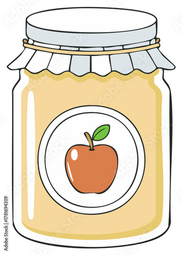 Illustration of apple jam jar with an apple logo isolated on white background. Canned fruit or conserve.