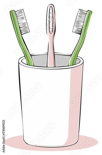 Colorful toothbrushes in a cup illustrating dental hygiene concept for healthy teeth, oral care, and morning routine.