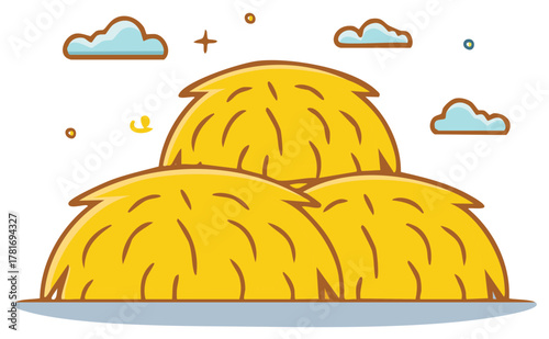 Stack of Cartoon Hay Bales with Clouds, Stars, and Swirls in Simple Illustration Style