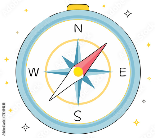 Cartoon compass illustration: Directional navigation with north, south, east, and west markers