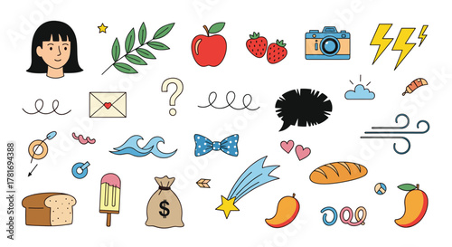 A collection of colorful hand-drawn doodle icons representing various objects, concepts, and elements for graphic design projects.