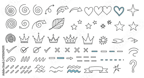 Hand-drawn doodle icons and symbols collection featuring swirls, arrows, hearts, stars, crowns, checkmarks, and other common design elements.