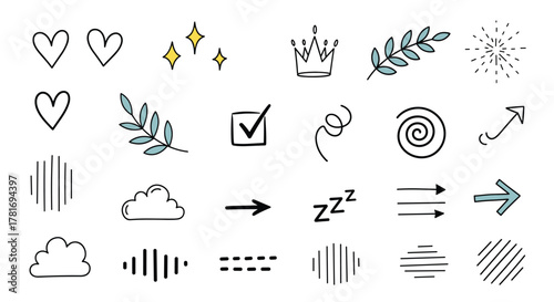 A collection of cute hand-drawn doodle design elements including hearts, stars, arrows, clouds, and floral motifs, isolated on white.