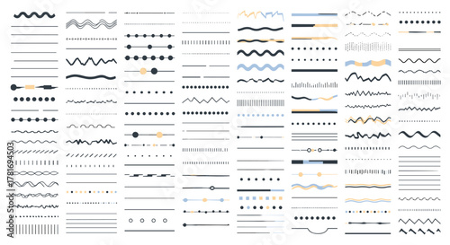 Collection of vector line dividers, borders, and graphic elements, featuring various styles from wavy to dotted and dashed.