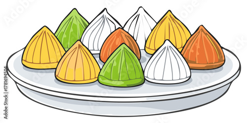 Colorful Cone Shaped Dumplings on a Plate Asian Dessert Illustration