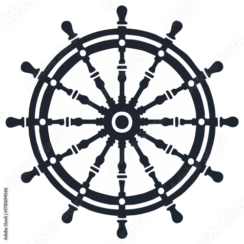 Black and white nautical ship wheel, a vessel steering symbol of navigation, illustration