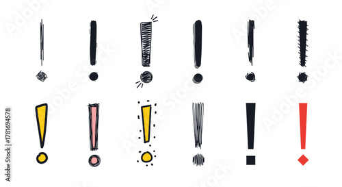 A collection of various hand-drawn and textured exclamation marks in different styles and colors, symbolizing attention and warning.