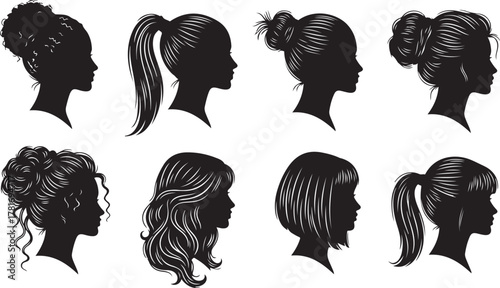 Diverse Female Head Silhouettes Profile: Eight Hairstyles in Minimalist Vector Illustration