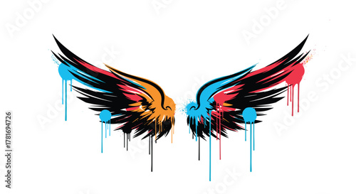 A vibrant and edgy pair of abstract graffiti-style wings with colorful paint splatters and drips, symbolizing freedom and urban art.