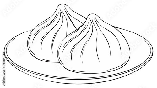 Hand-drawn black and white illustration of two dumplings on a plate.