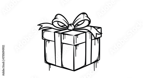 Stylized black and white line art illustration of a gift box with a decorative bow, featuring a hand-drawn, slightly grungy aesthetic with dripping ink details.